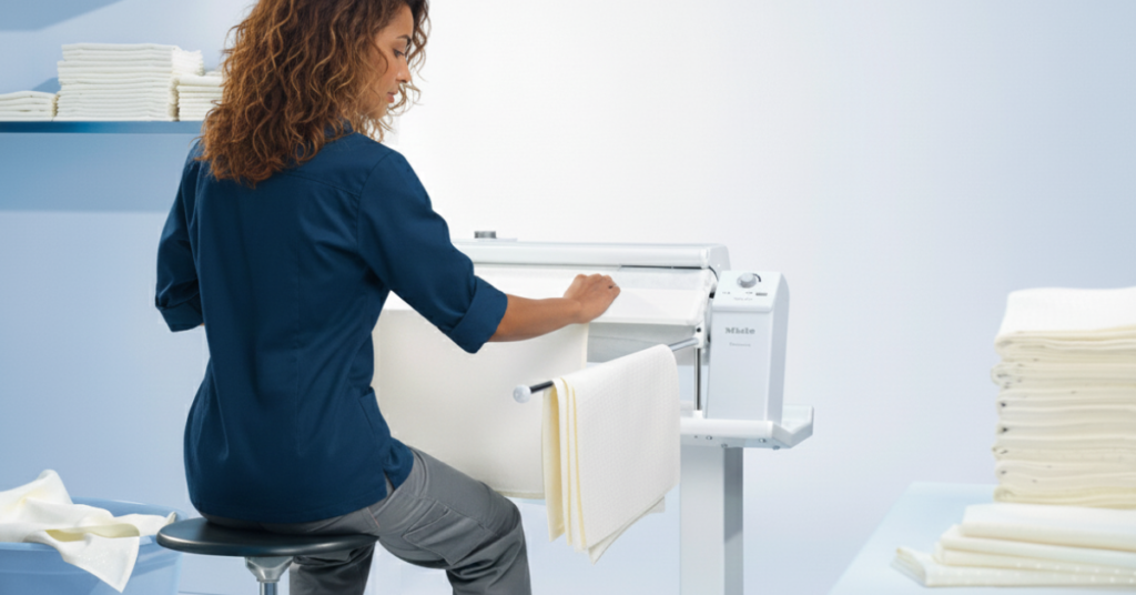 Woman sitting and using a rotary iron