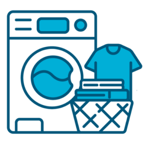 A graphic of an outline of a dryer with a laundry basket beside of it with a t-shirt behind it
