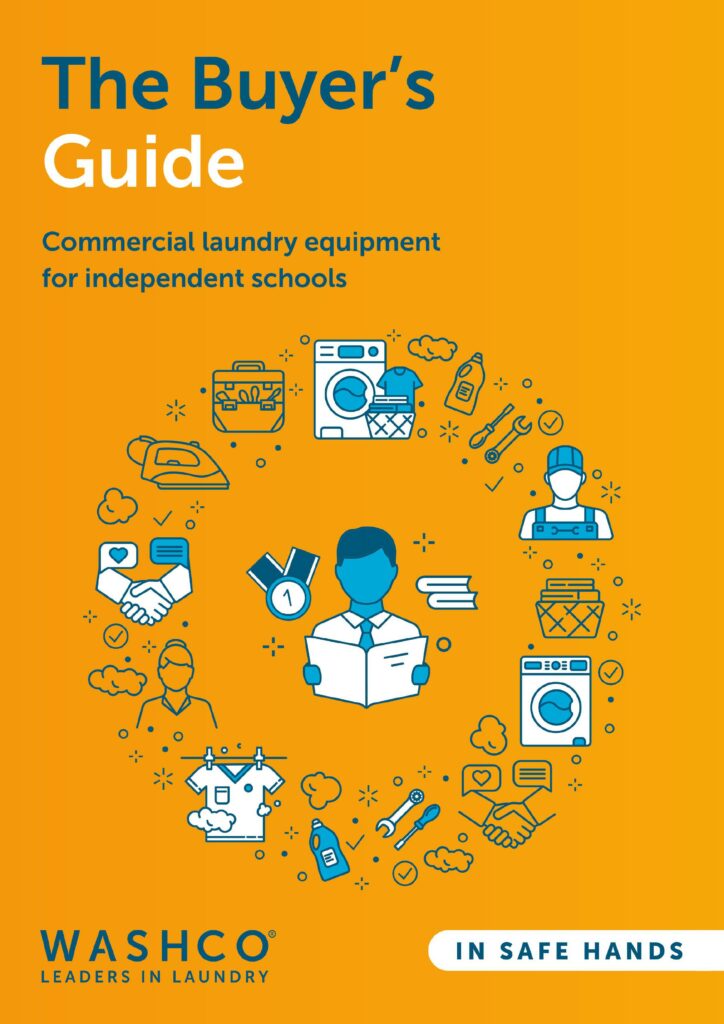 Front cover of the 'Commercial laundry equipment for independent schools' buyers guide, with an orange background, blue and white illustrations of laundry and school-related items, and the WASHCO logo with the tagline 'LEADERS IN LAUNDRY' and label 'IN SAFE HANDS'