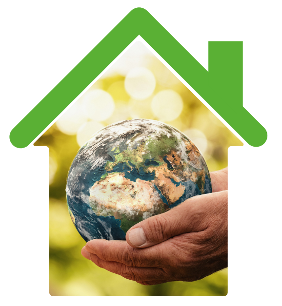 An icon of a house with a green roof. The inside of the house shows a pair of hands holding the Earth.