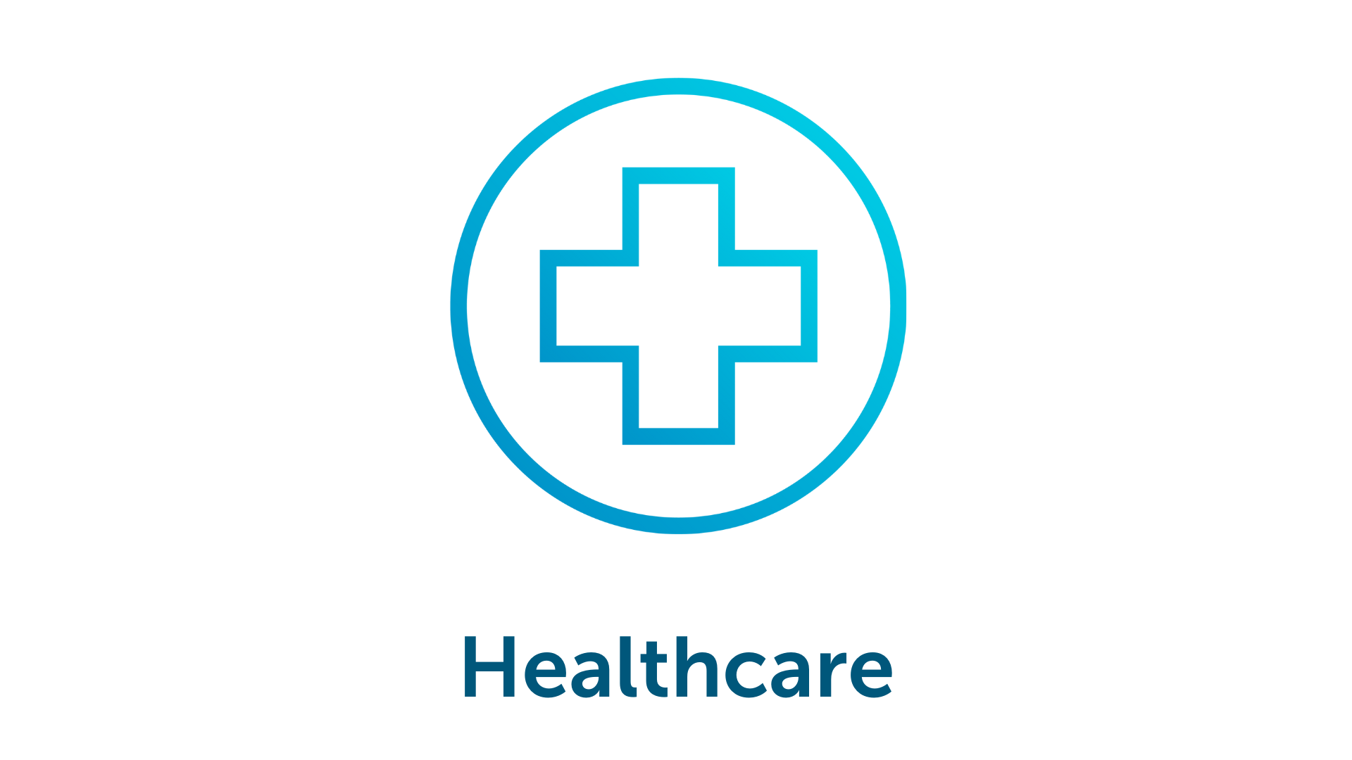 Icon of a circle outline with a cross outline in the centre, text 'Healthcare' below.